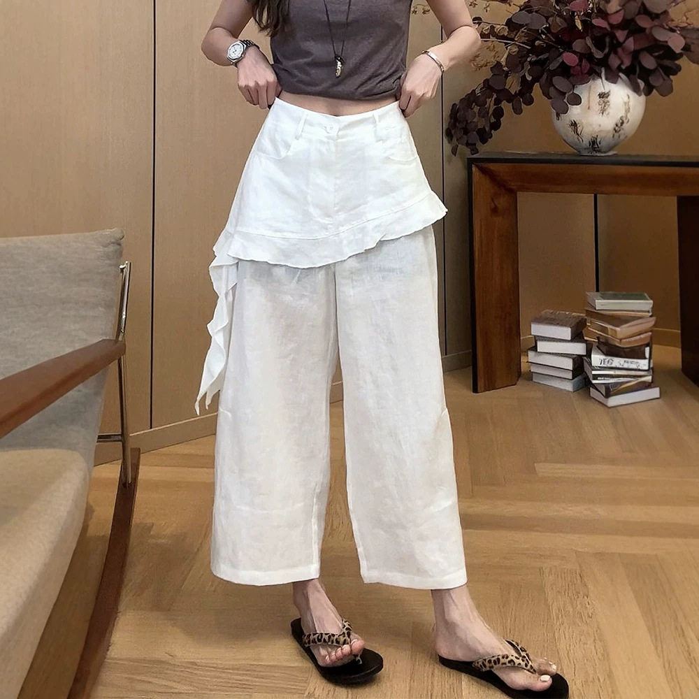 韩系假两件屁帘九分棉麻阔腿裤女夏新款荷叶边高腰显瘦直筒休闲裤