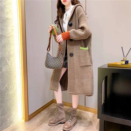 中长款连帽毛衣开衫外套女2022秋冬新款韩版宽松慵懒风外穿针织衫