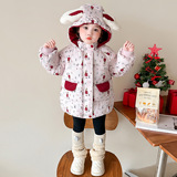 女童卡通兔耳朵连帽棉服2025新款加厚保暖洋气可爱冬装棉袄外套，童装棉衣，祺妙童装