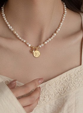 幸运许愿牌爱心巴洛克珍珠项链女天然时尚年轻款锁骨链春夏脖颈链