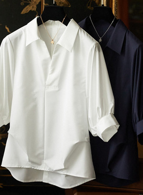 白色法式气质通勤顺滑棉蝙蝠袖后背纽扣衬衫中袖韩版25ol翻领衬衣