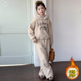 女童加绒套装2025年秋冬新款休闲毛领卫衣阔腿裤两件套中大童时髦，童装休闲套装，祺儿童装