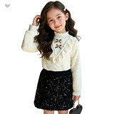 女童V领花边长袖上衣2025秋冬新款加绒保暖打底衫中大童甜美内搭，童装外套，祺儿童装