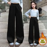 女童加绒卫裤2025年秋冬新款中大童纯色阔腿裤修身直筒裤拖地长裤，童装裤子，祺儿童装