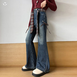 女童2025年冬季新款侧接格子拉条牛仔喇叭裤女大童个性时尚阔腿裤，童装裤子，祺儿童装