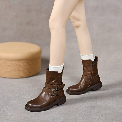平底马丁靴女2025秋冬新款双排扣圆头布洛克复古女靴棉靴女式皮靴