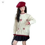 女童毛衣2025年秋冬新款新年花朵针织套头衫中大童甜美撞色打底衫，童装毛衣，祺儿童装