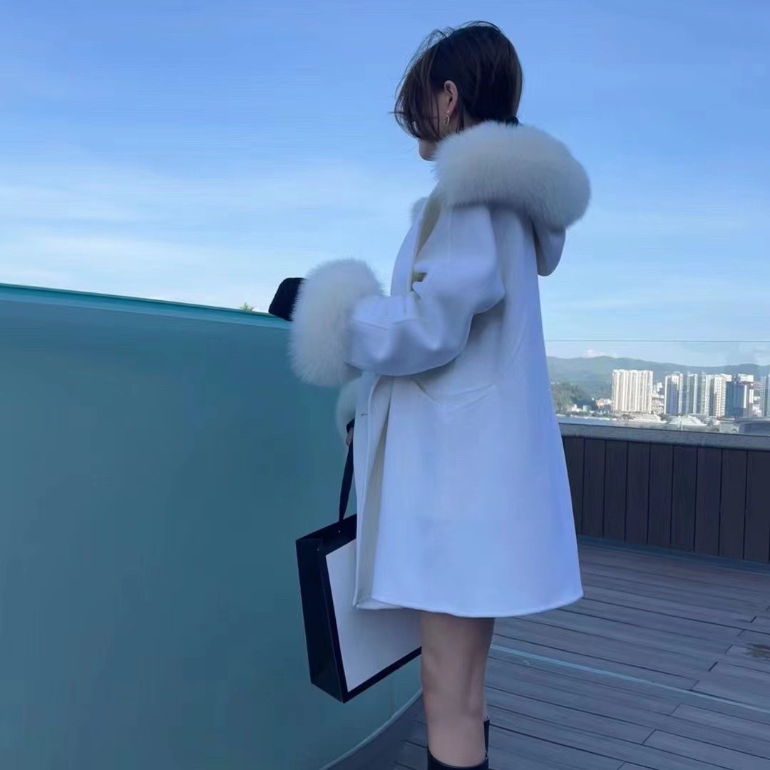 2025秋冬女双面呢羊毛外套澳毛羊绒大衣超大狐狸毛毛领外套