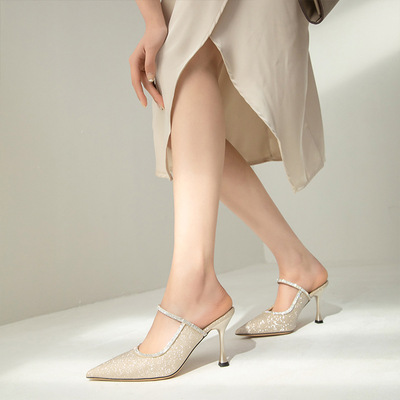 一代佳人2024夏季水钻包头半拖鞋