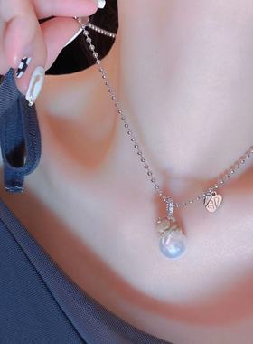 热销植绒珍珠小熊吊坠锁骨链耳钉女小众设计甜美简约百搭项链耳坠