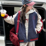 女童夹棉加厚棉衣2025年秋冬新款中大童刺绣棒球服外套撞色夹克衫，童装外套，祺儿童装