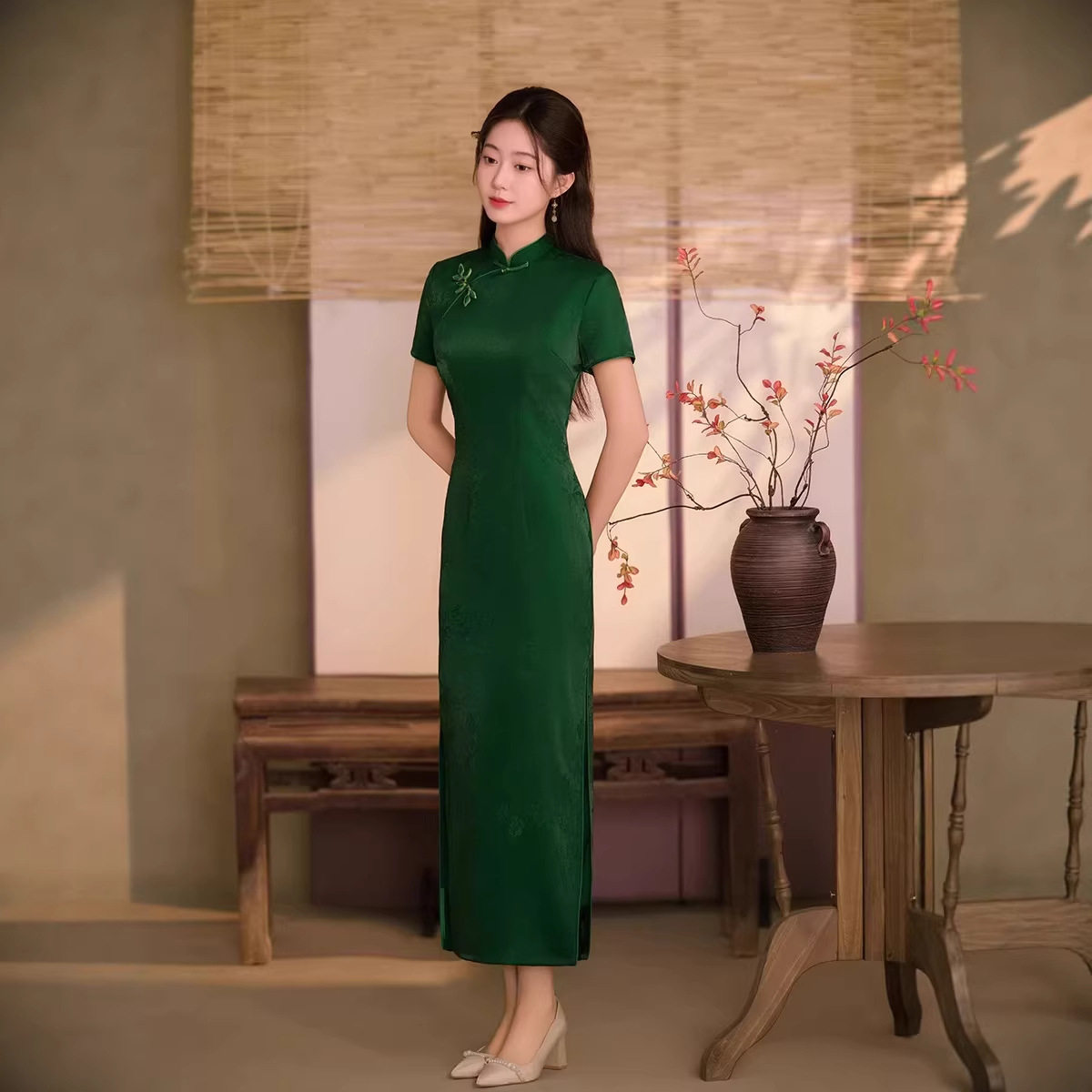 墨绿色老上海长款改良旗袍2026年新款女传统中式复古修身日常可穿