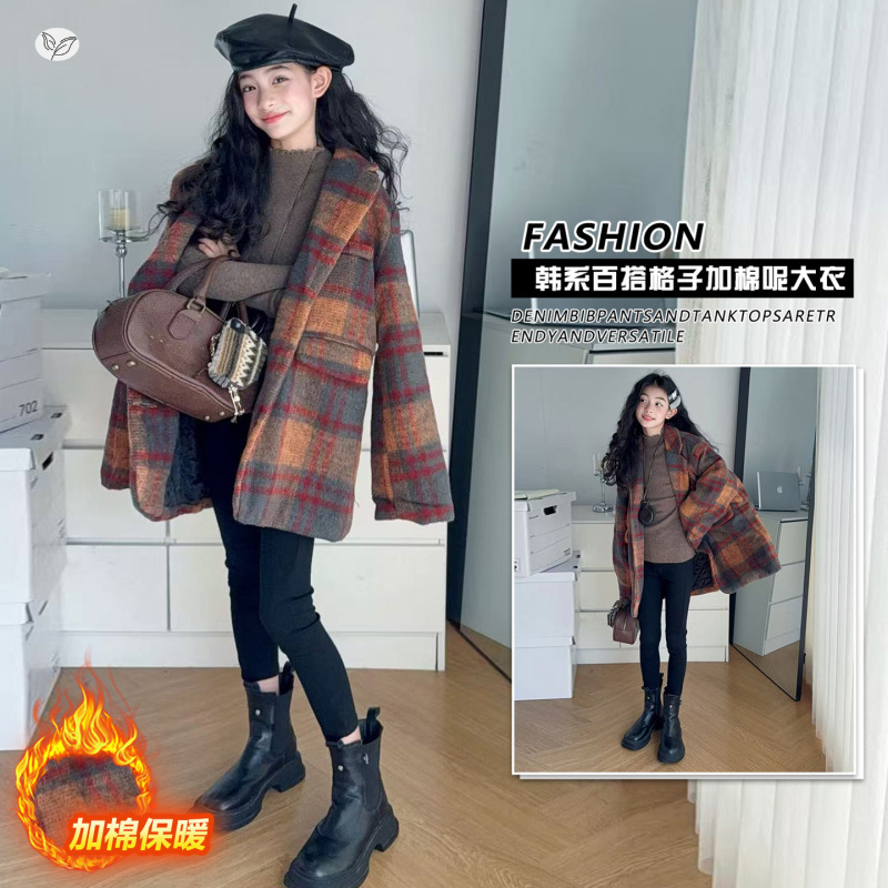 女童呢子大衣2025年秋冬新款中大童韩系格子外套夹棉风衣冬装上衣，童装外套，祺儿童装