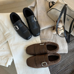 牛皮版小个子雕花小众女羊羔毛博肯鞋2025冬新款复古厚底毛毛鞋