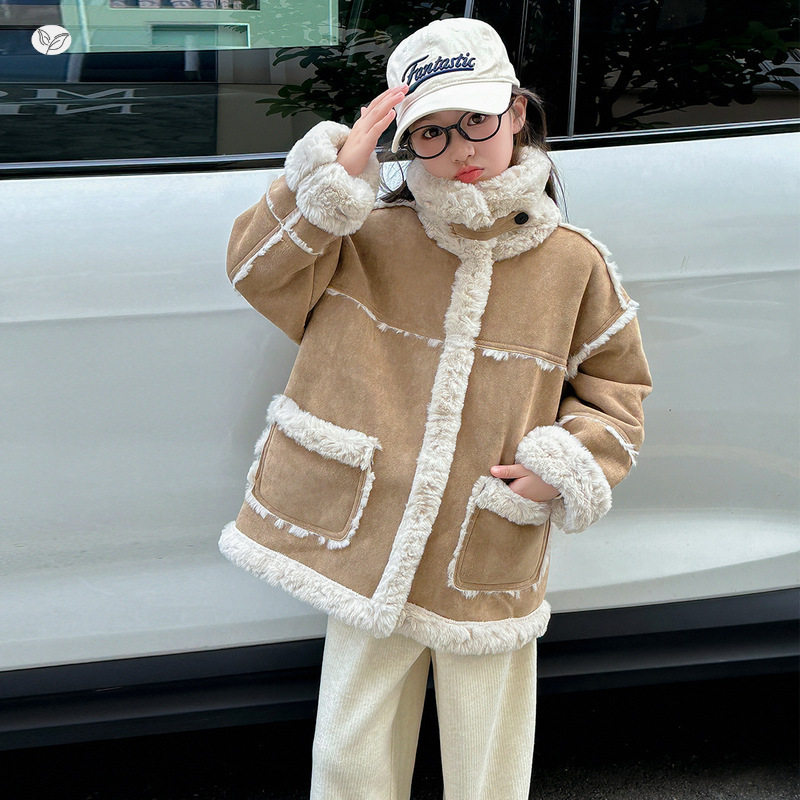 女童加绒加厚外套2025冬季新款中大童皮毛一体夹克衫冬装保暖棉衣，童装棉衣，祺儿童装