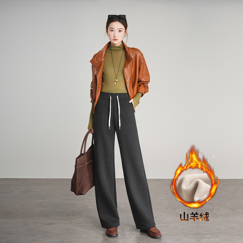 女款山羊绒蚕丝阔腿裤加绒裤子秋冬加厚腰休闲垂感直筒裤正品新款