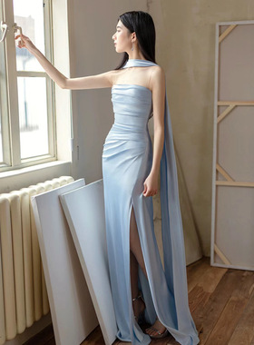 蓝色晚礼服裙女2025新款级感端轻奢小众抹胸订婚法式定晚宴