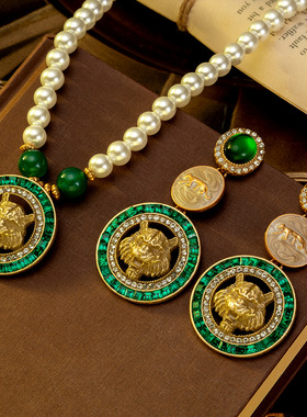 中古vintage复古宫廷风珍珠项链耳钉祖母绿镶钻狮子头满钻锁骨链