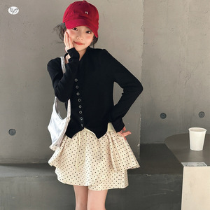 女童裙子套装春秋款2025新款针织开衫波点半身裙两件套中大童甜美，童装休闲套装，祺儿童装