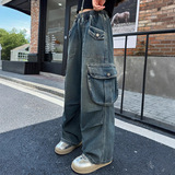 女童牛仔裤外贸春秋裤子2025新款儿童宽松阔腿裤女大童工装裤P64，童装裤子，祺儿童装