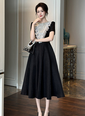 夏季连衣裙女2025新款法式重工收腰显瘦气质黑色长款大摆裙65356