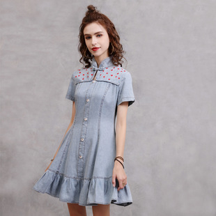 夏装荷叶边旗袍短裙复古刺绣修身淑女气质牛仔小个子连衣裙82325