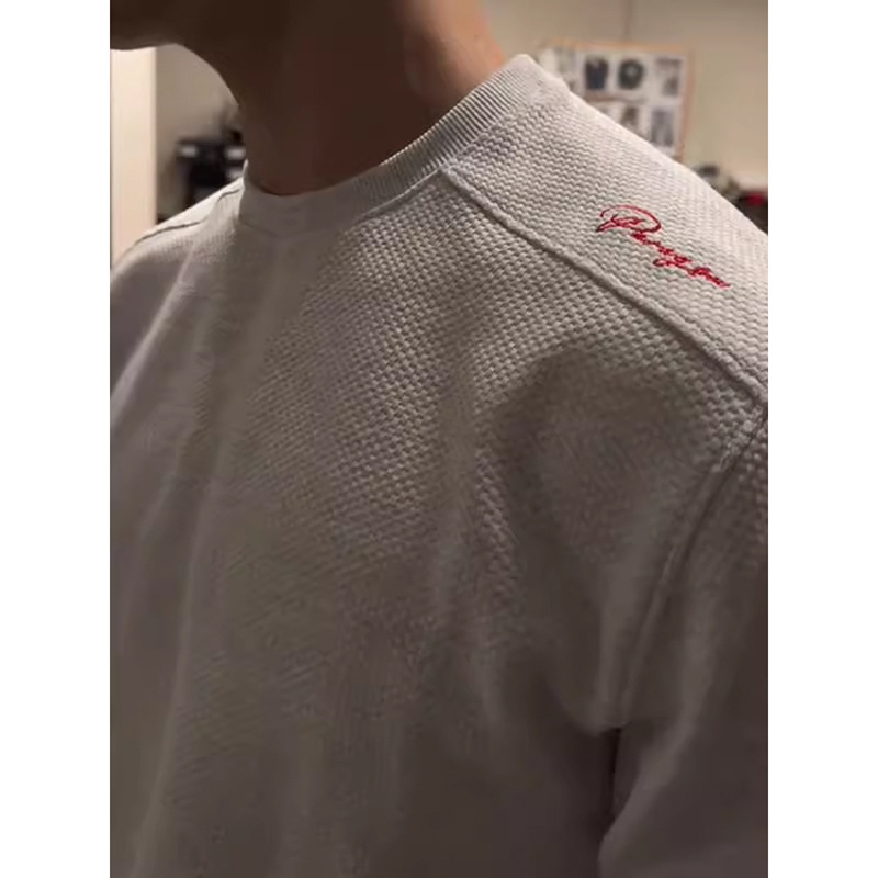 红标刺绣华夫格打底衫款秋冬级感美式正肩长袖T恤小领口卫衣