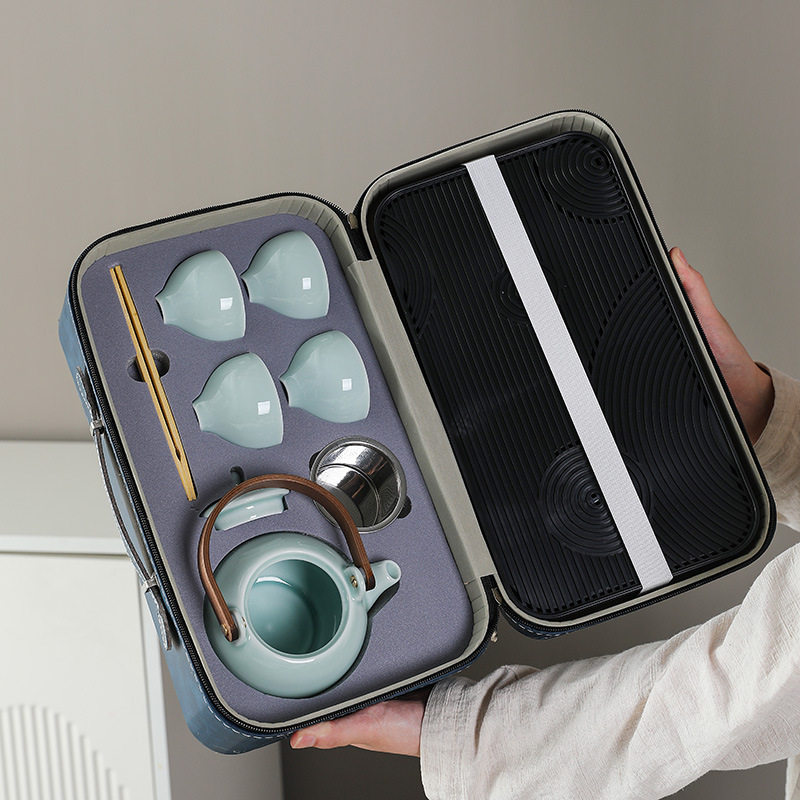 户外旅行青瓷大容量提梁壶功夫茶具套装陶瓷茶杯家用泡茶手提