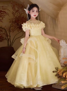 黄色女童礼服生日绝美公主裙端轻奢小众主持人儿童钢琴演奏演出