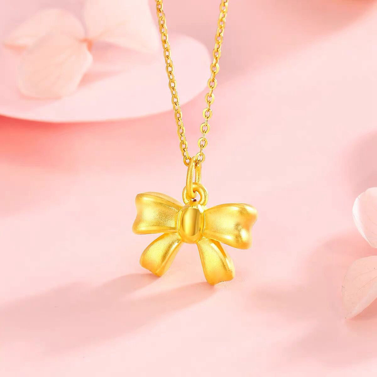 3d硬金足金999吊坠黄金挂坠送s925金镀金项链蝴蝶结转运珠锁骨链