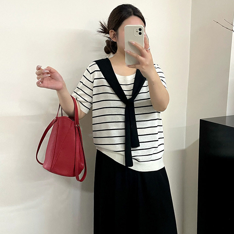 新款23887大码女装条纹衫女搭披肩针织衫2026夏款胖mm休闲短袖t恤