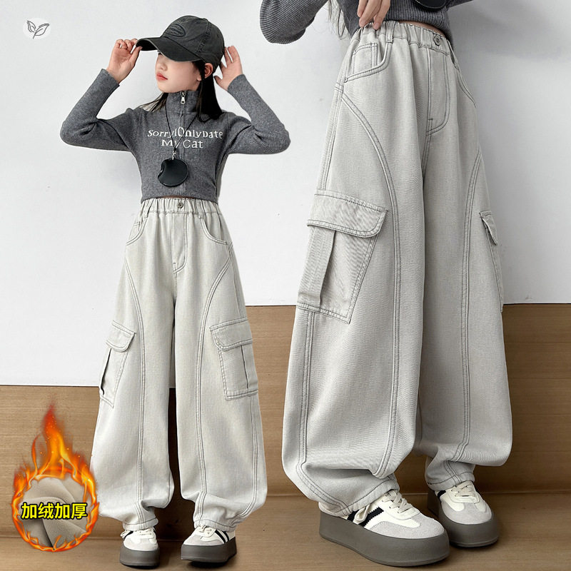 女童工装裤加绒加厚2025年秋冬新款大口袋休闲阔腿裤中大童弯刀裤，童装裤子，祺儿童装
