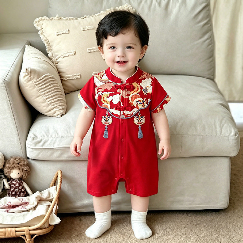 国风宝宝夏季薄款连体衣新中式满月百天宴周岁礼服红色喜庆外出服