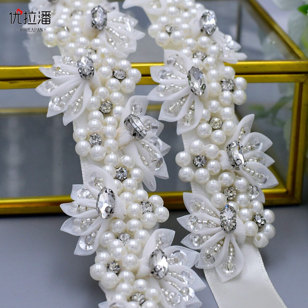 S232日韩经典甜美花朵重工钉珠珍珠腰带婚纱礼服系带蝴蝶结腰封