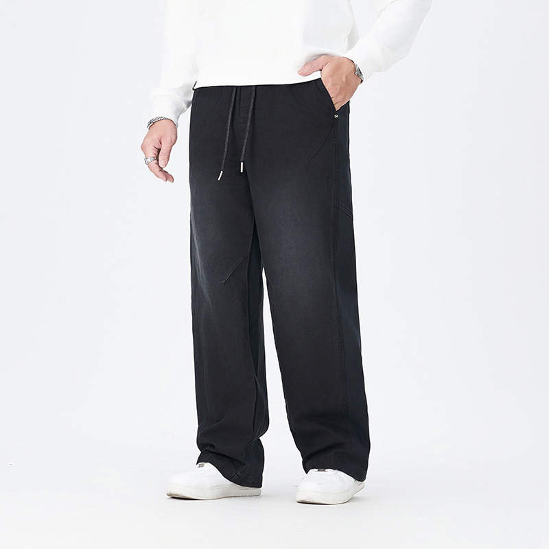 大码下装直筒牛仔裤秋季拼接做旧复古宽松加加大式阔腿裤胖子加肥