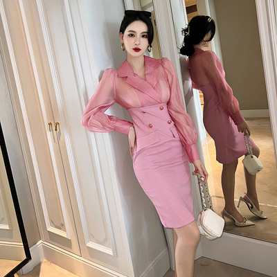 2025秋季新款优雅气质修身职业OL通勤女包臀格纹长袖连衣裙20185