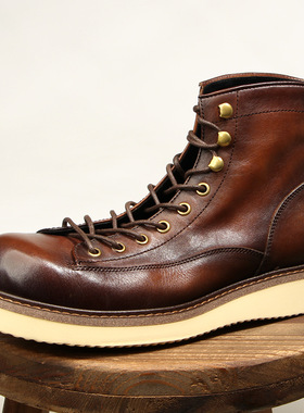 正品Vintage原创头层牛皮工装靴男士真皮高帮马丁靴户外登山短靴