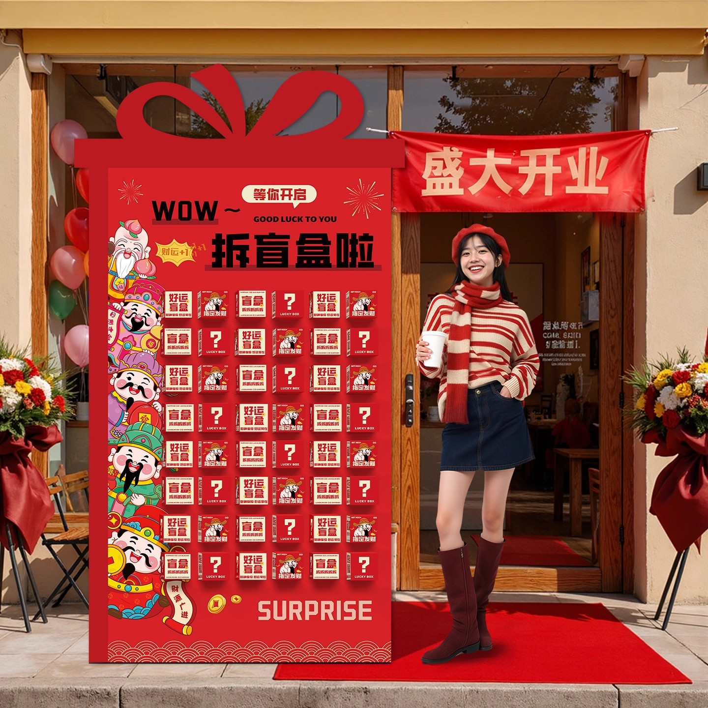 开业气氛布置新门店铺场景氛围装饰大吉公司商场仪式全套盲盒KT板