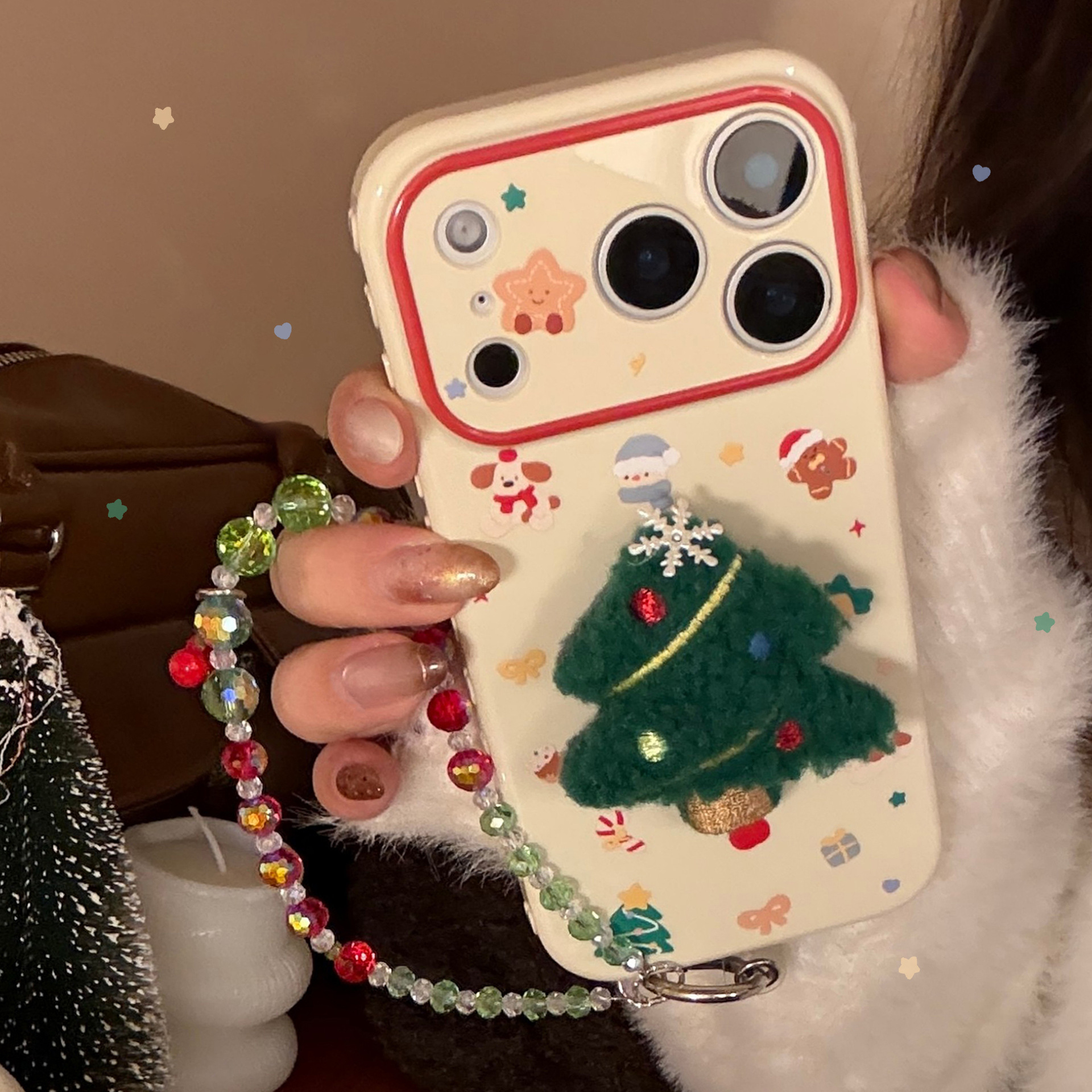 AceCase可爱毛绒圣诞树iphone17promax苹果16适用15手机壳软14立体13挂链12卡通创意