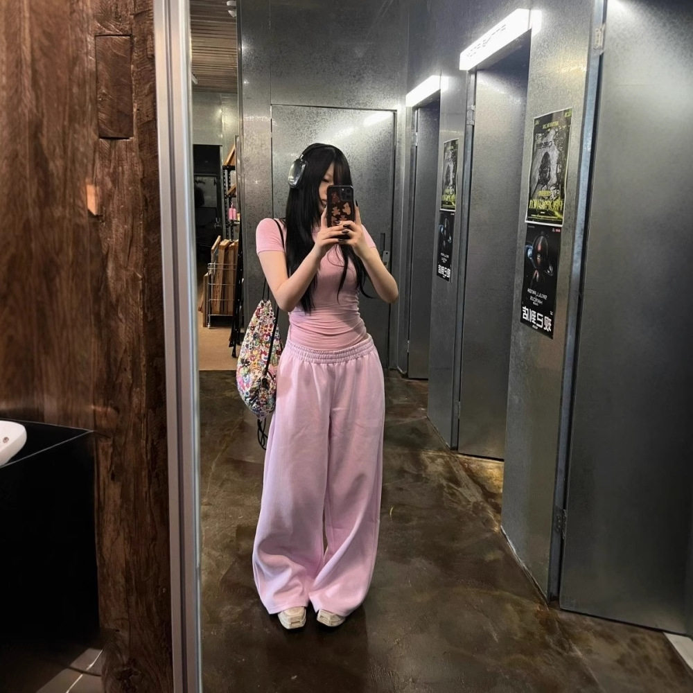 美式辣妹粉色腰阔腿卫裤女春夏慵懒宽松休闲百搭拖地运动长裤女