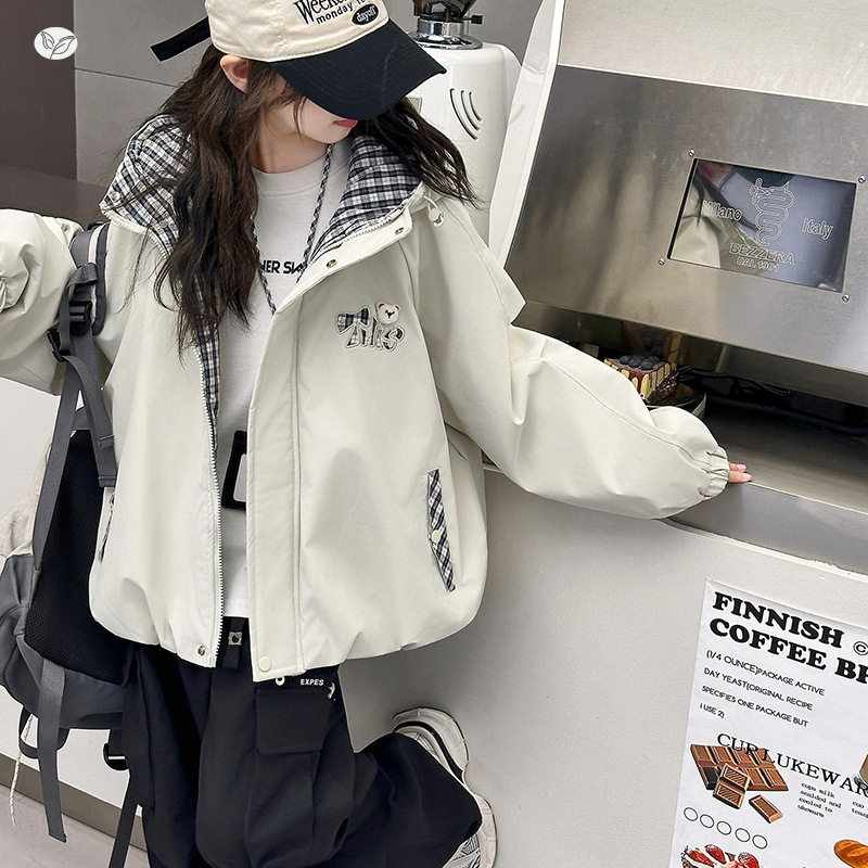 女童2025年冬季新款拼色格子夹棉连帽外套儿童休闲挡风户外冲锋衣，童装外套，祺儿童装