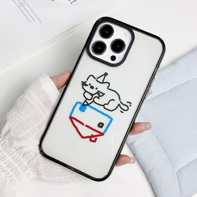 苹果手机壳iPhone16Promax可爱14Pro光油亚克力15plus手机壳线条小猫图案