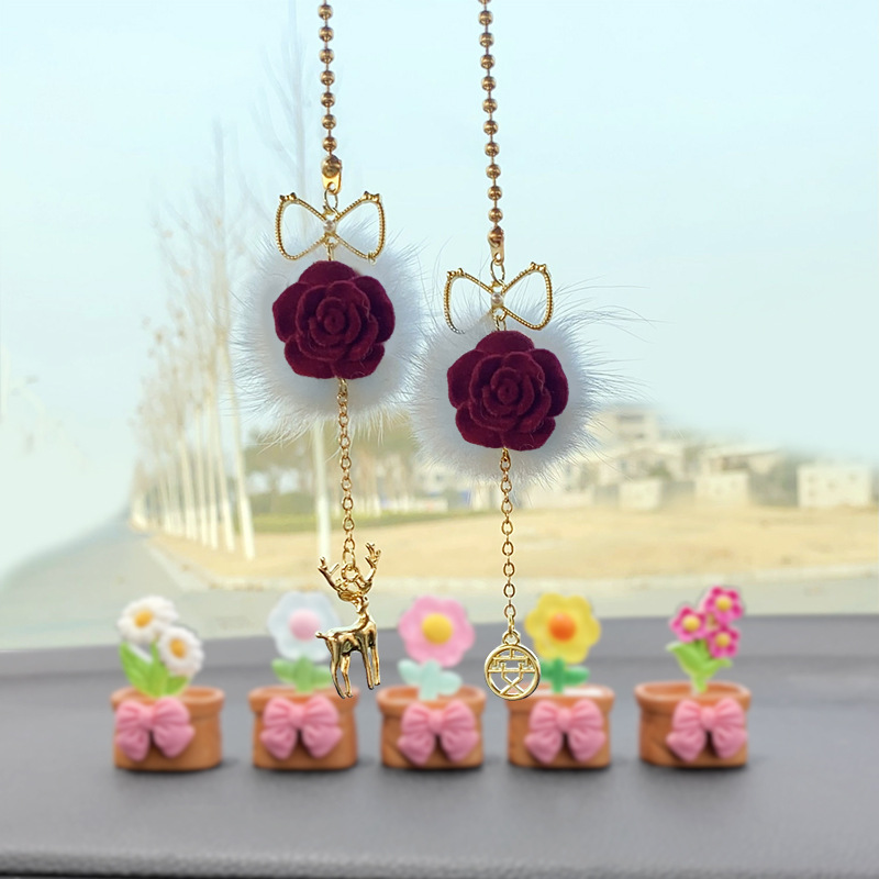 貂毛球车用创意汽车挂件车内饰品玫红花朵视镜挂饰车载吊坠饰品