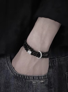 S999足银手链黑曜石祥云平安扣