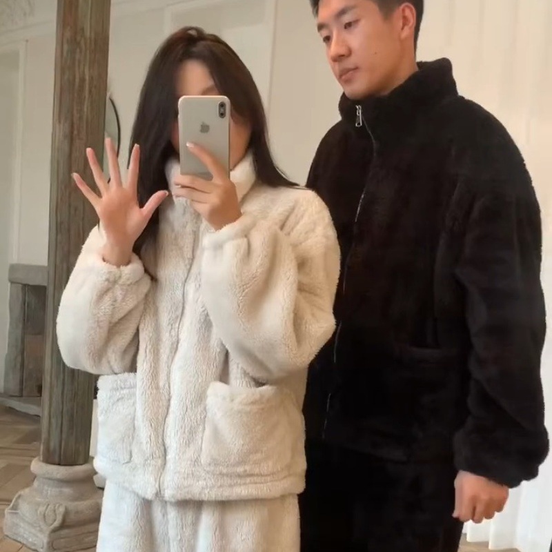 情侣款家居服两件套女加厚双面北极绒慵懒风外穿睡衣休闲保暖套装