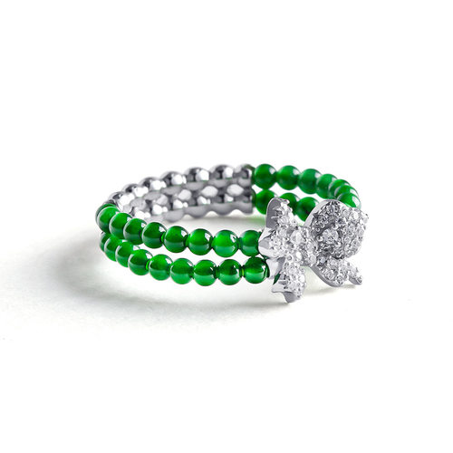 正品S925银镶嵌天然A货翡翠阳绿小米珠冰种玉石戒指时尚档女款证