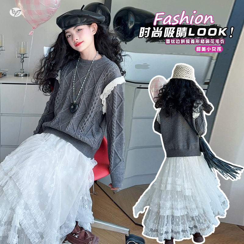 女童2025秋冬加厚花边毛衣女孩春秋韩版毛线衫大儿童针织打底上衣，童装毛衣，祺儿童装