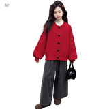 女童2025年春秋新款大扣子开衫外套女大童慵懒宽松针织衫修身毛衣，童装毛衣，祺儿童装