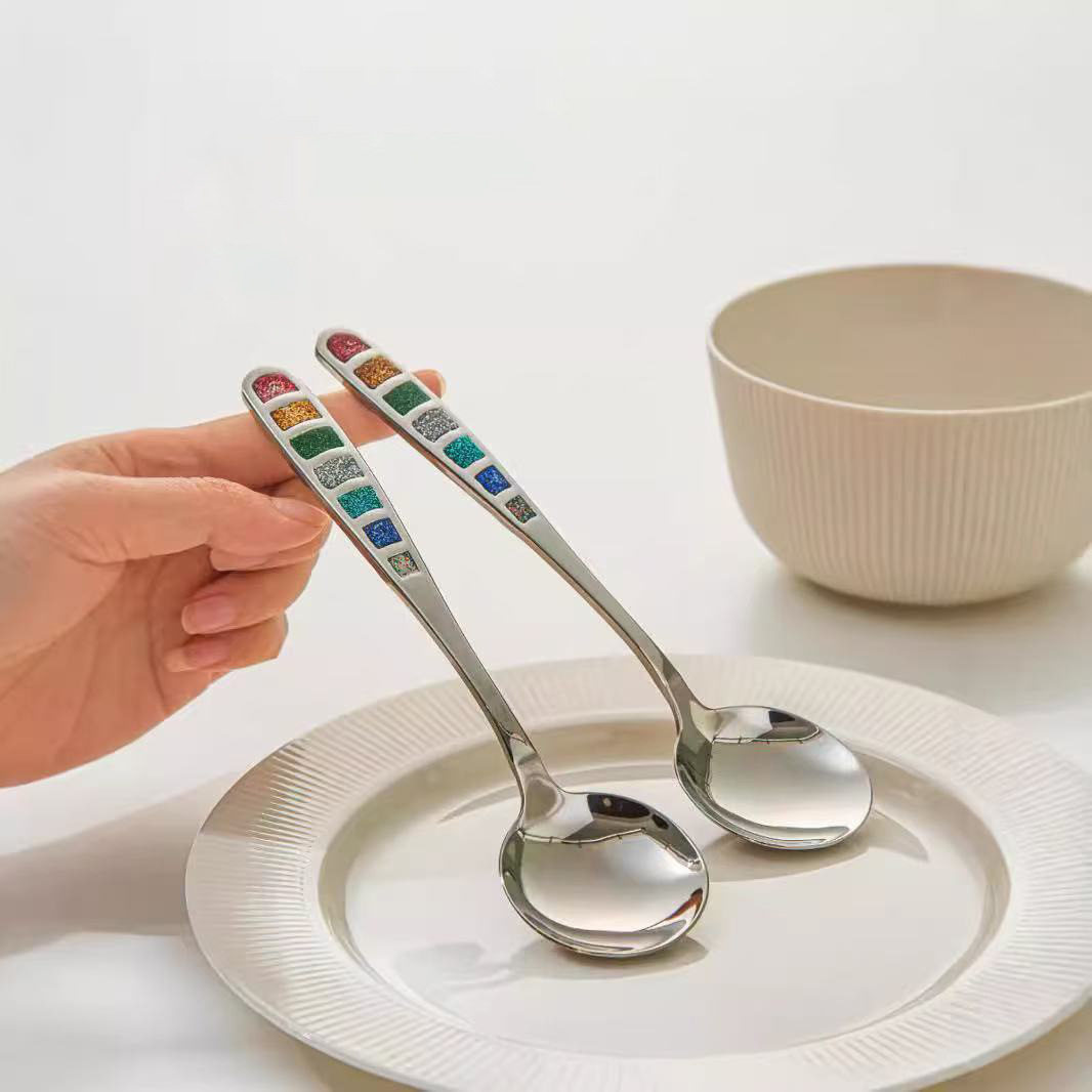 汤勺304不锈钢珐琅柄汤勺饭勺轻奢调羹圆头勺甜品勺西餐勺水果勺
