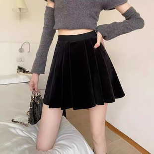胖mm黑色丝绒百褶裙秋冬新款 腰显瘦半身裙松紧腰小黑裙8311 时尚